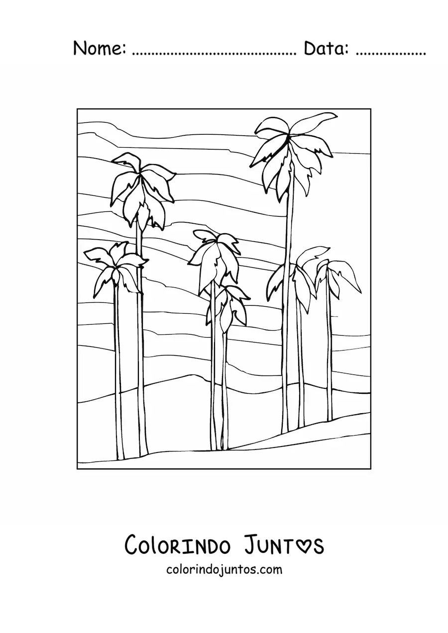 Desenho para colorir de um deserto com palmeiras