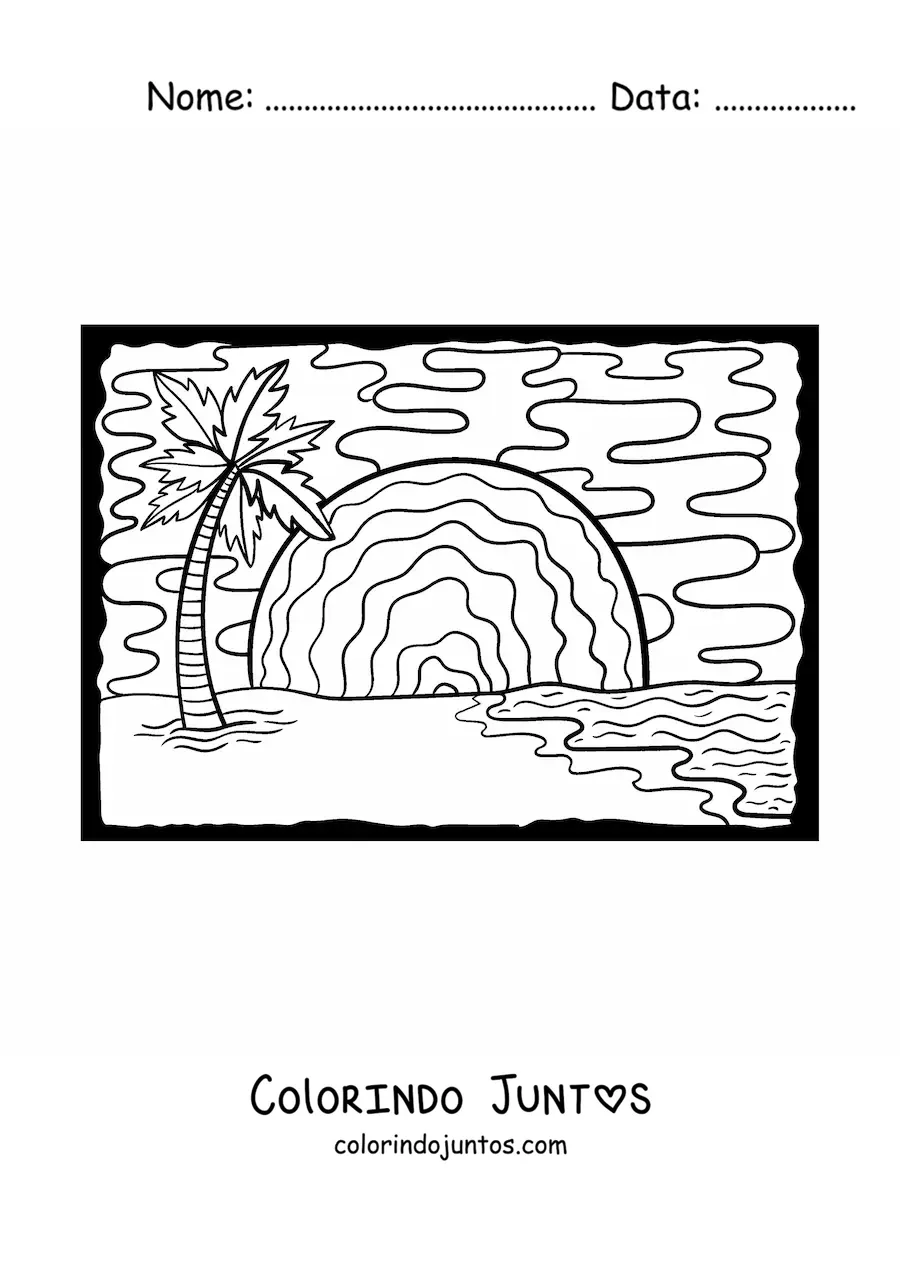 Desenho para colorir de um pôr do sol na praia com uma palmeira