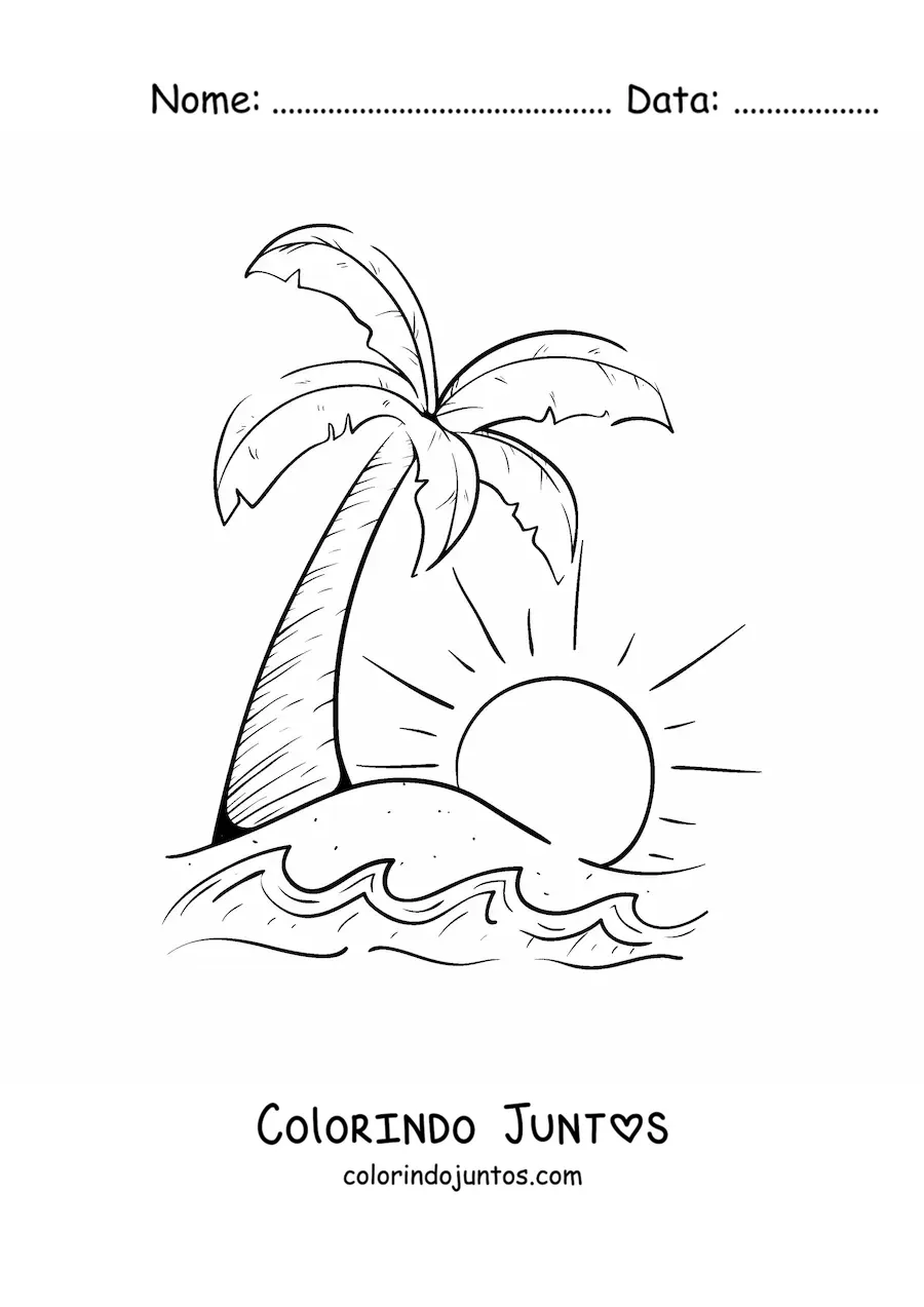 Desenho para colorir de uma palmeira e o sol na praia