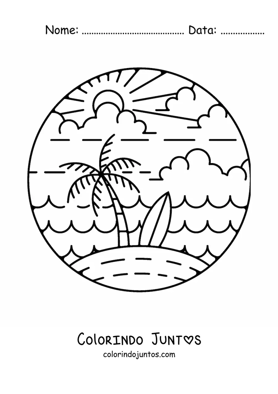 Desenho para colorir de uma ilha com uma palmeira
