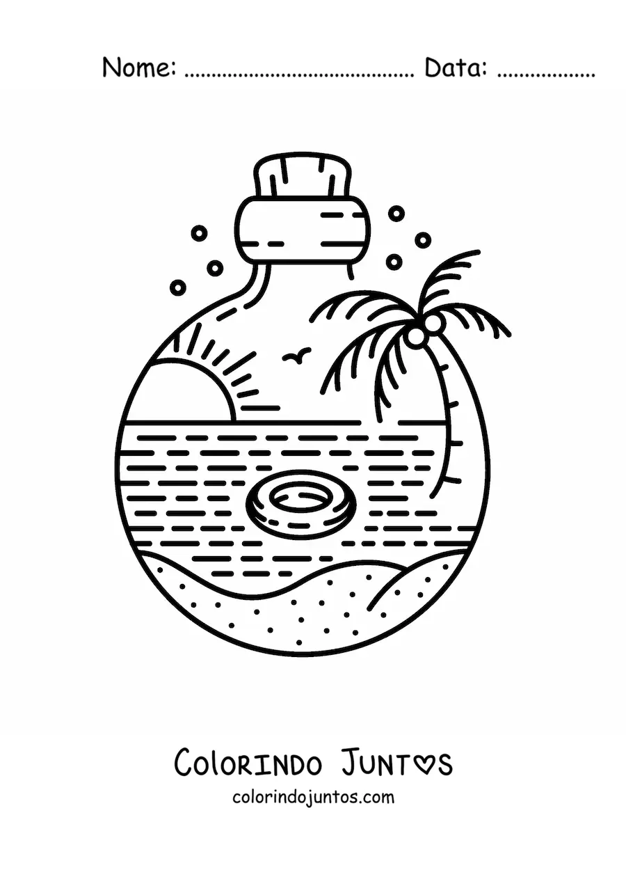 Desenho para colorir de uma garrafa com uma paisagem de mar com uma palmeira