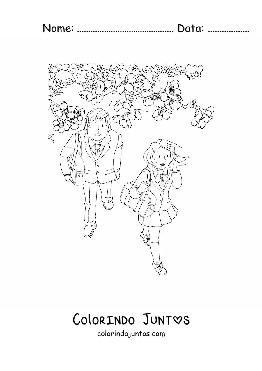 Desenho para colorir de uma menina e um menino ao lado de uma cerejeira