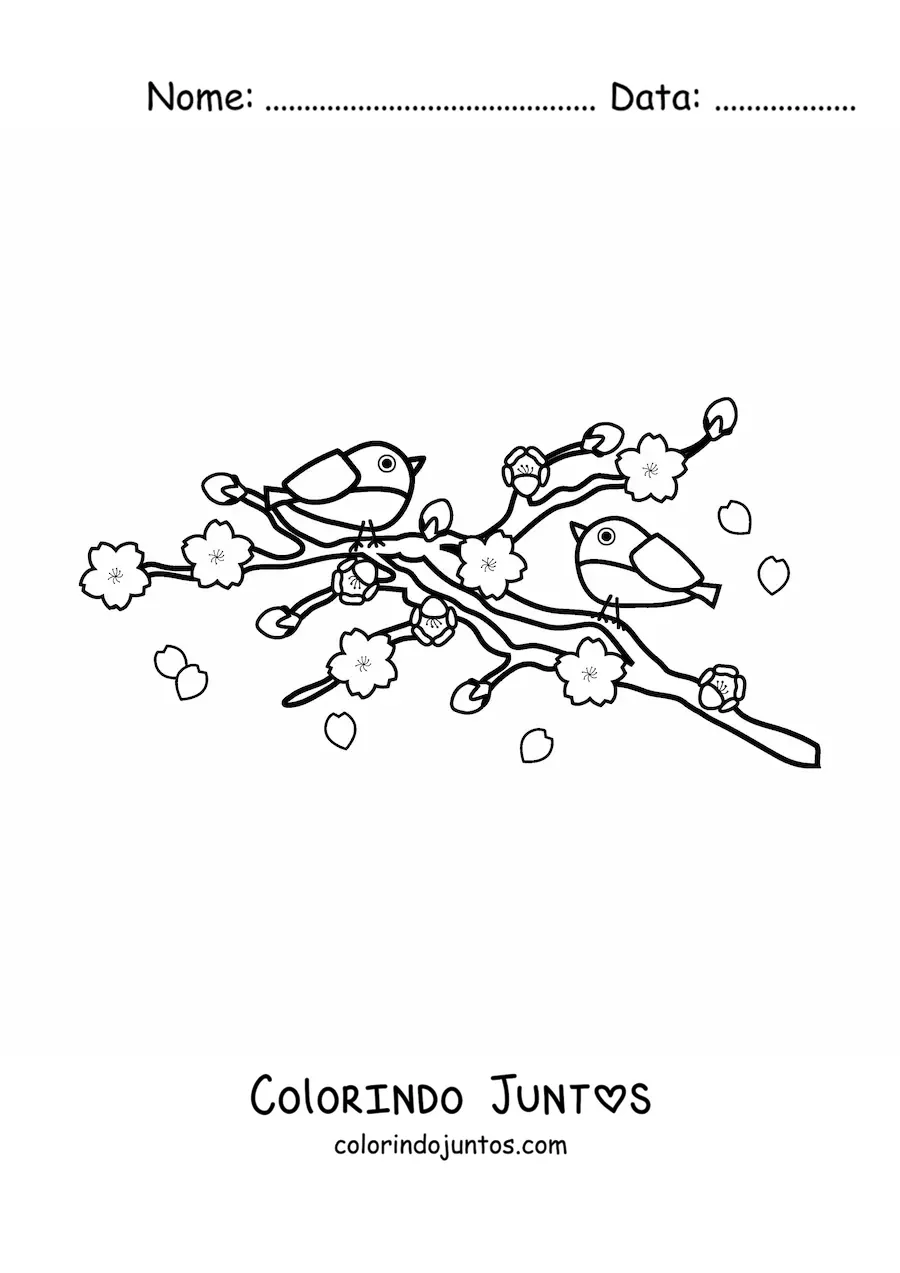 Desenho para colorir de dois pássaros pousados em uma cerejeira