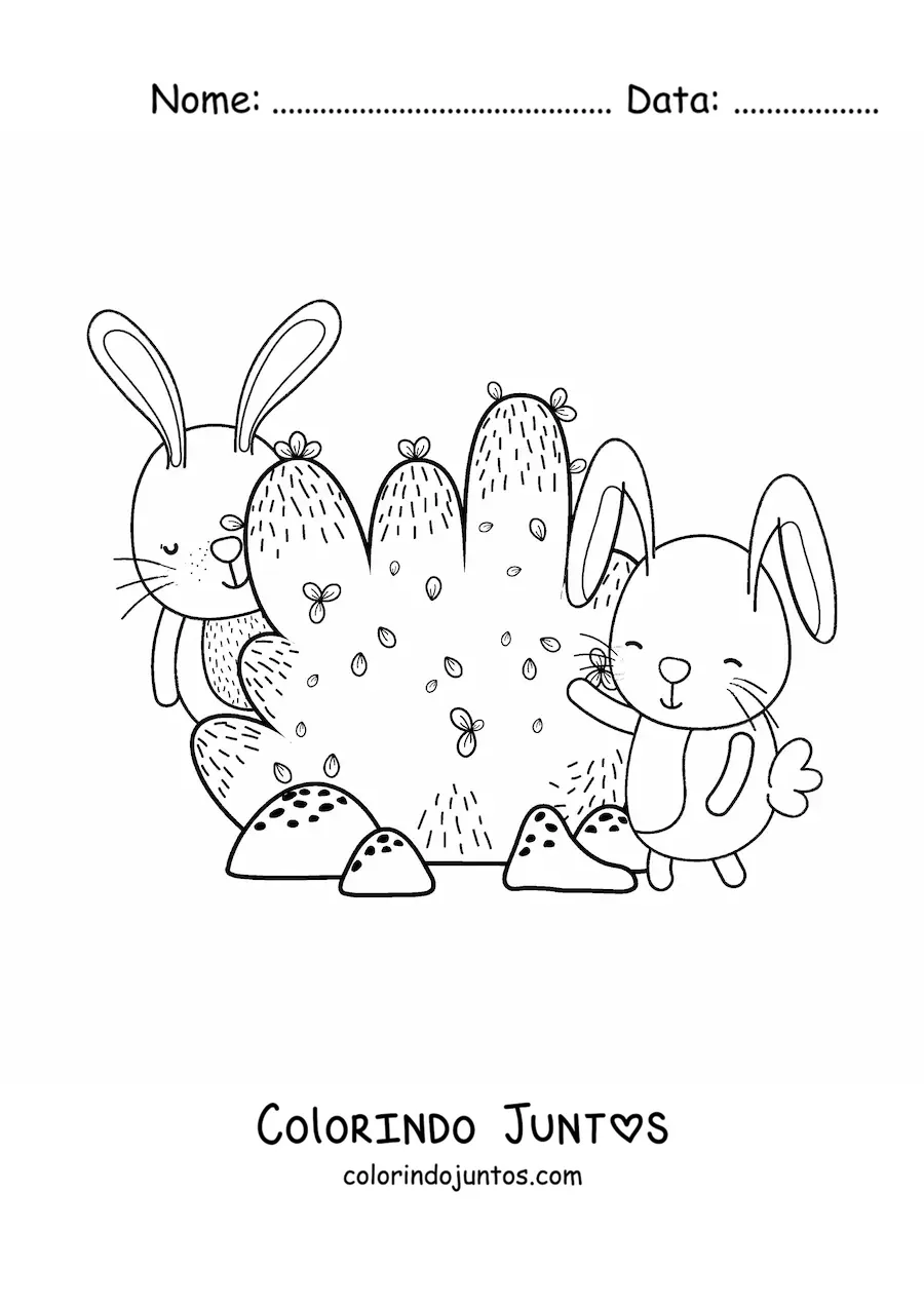 Desenho para colorir de dois coelhos animados ao lado de um arbusto
