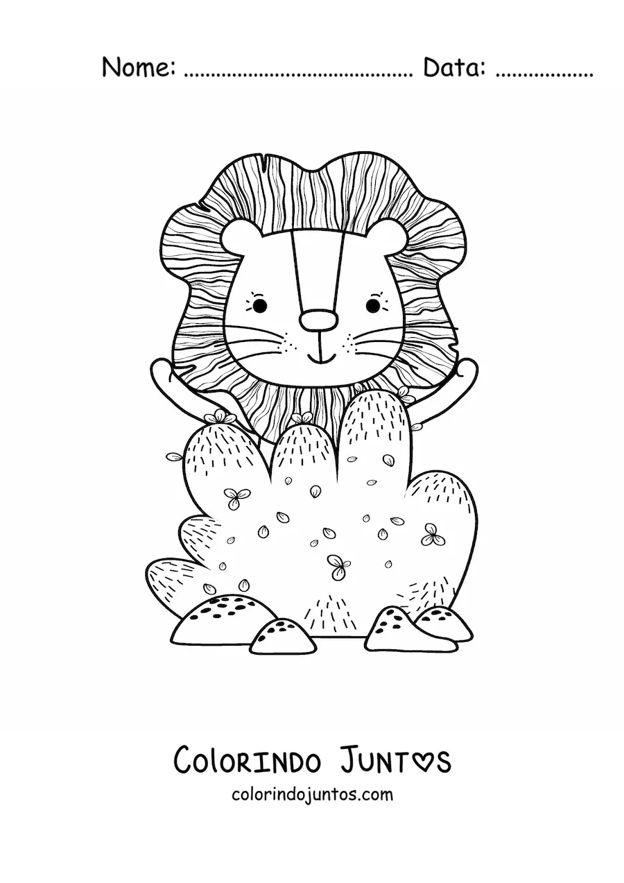Desenho para colorir de um arbusto e um leão animado