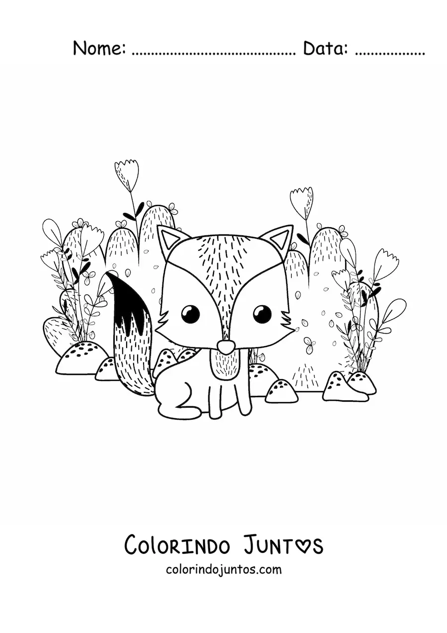 Desenho para colorir de um arbusto e uma raposa animada