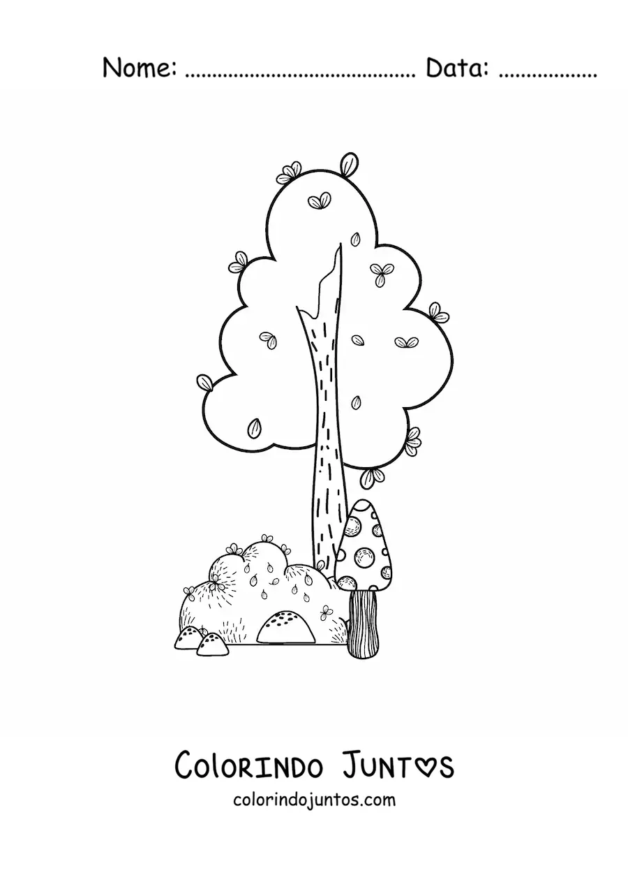 Desenho para colorir de uma árvore ao lado de um arbusto