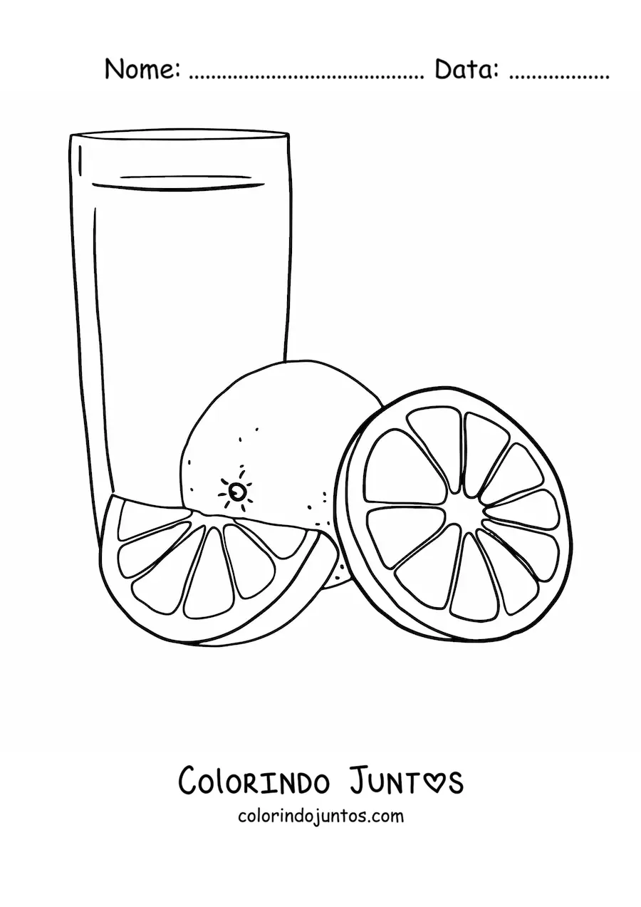 Desenho para colorir de um copo de suco de laranja ao lado de rodelas de laranja