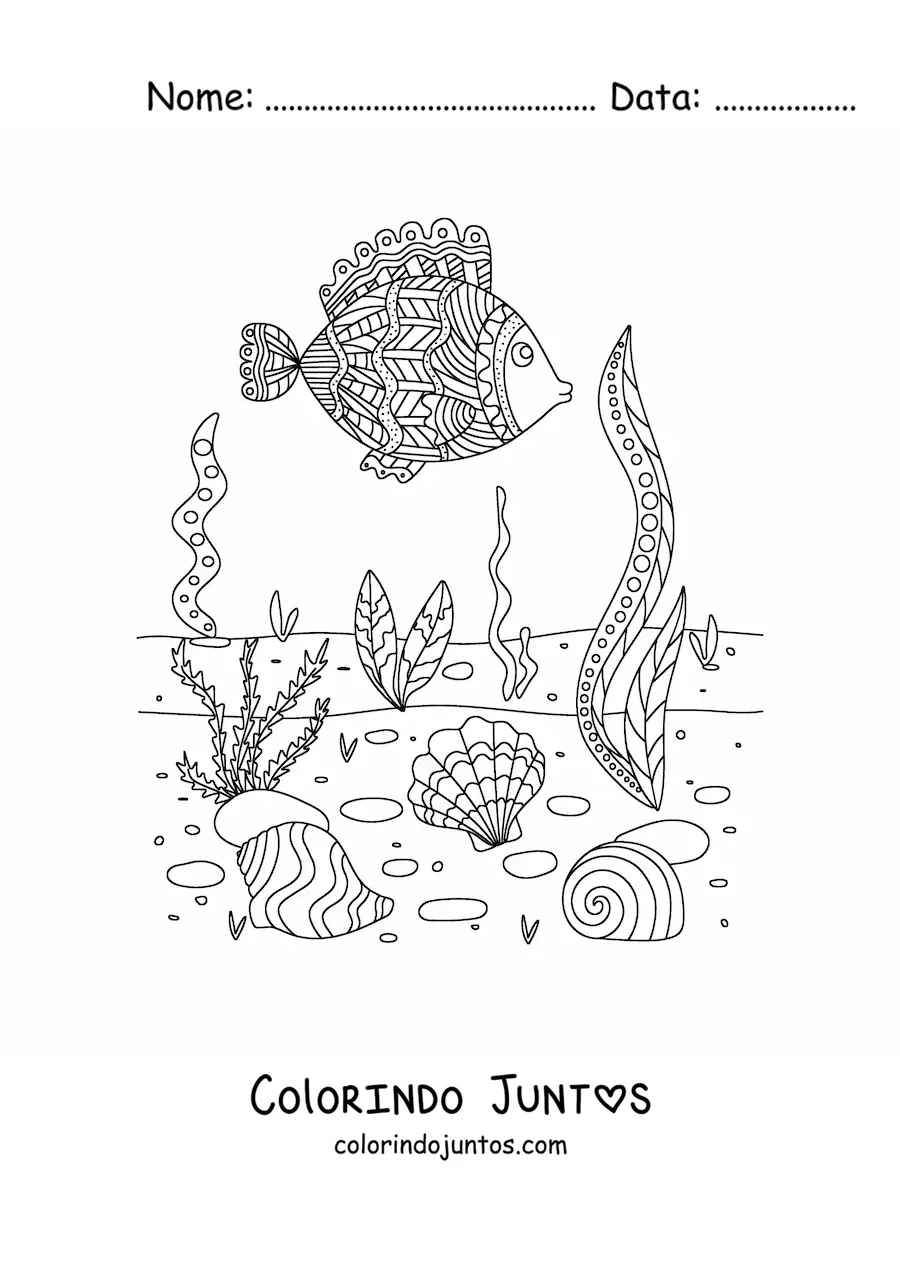 Desenho para colorir do fundo do mar com algas e um peixe