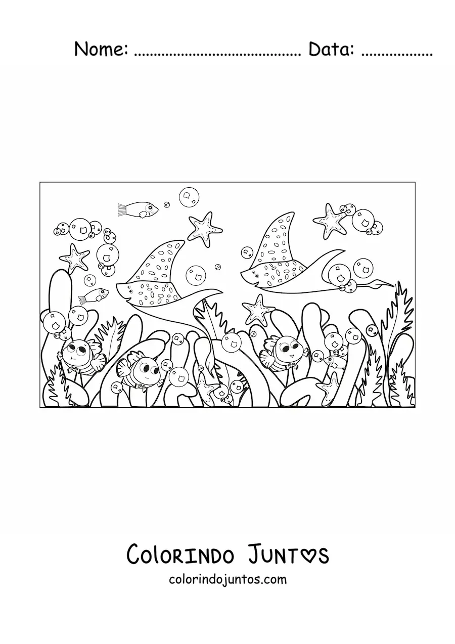 Desenho para colorir de várias algas e peixes animados