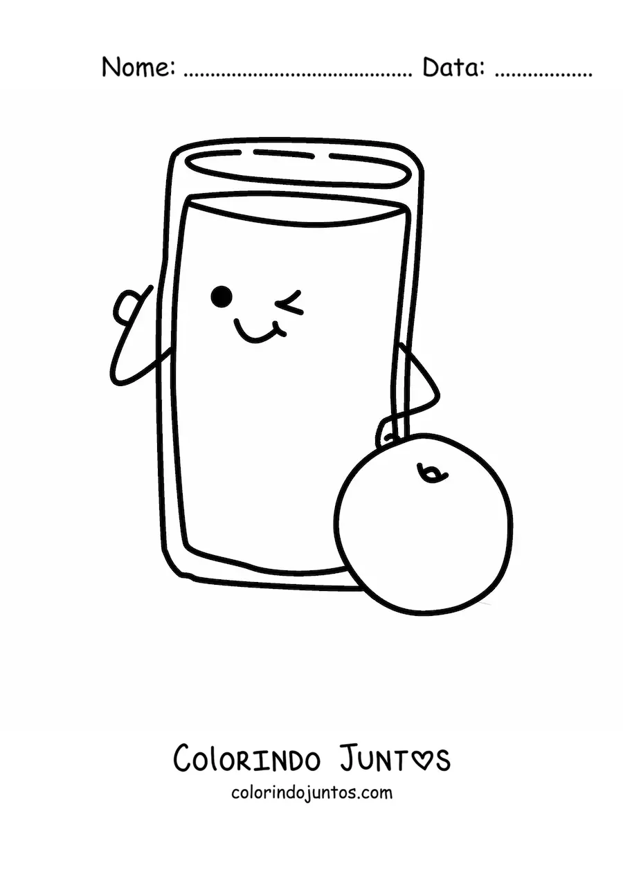 Desenho para colorir de um copo kawaii animado com suco de laranja
