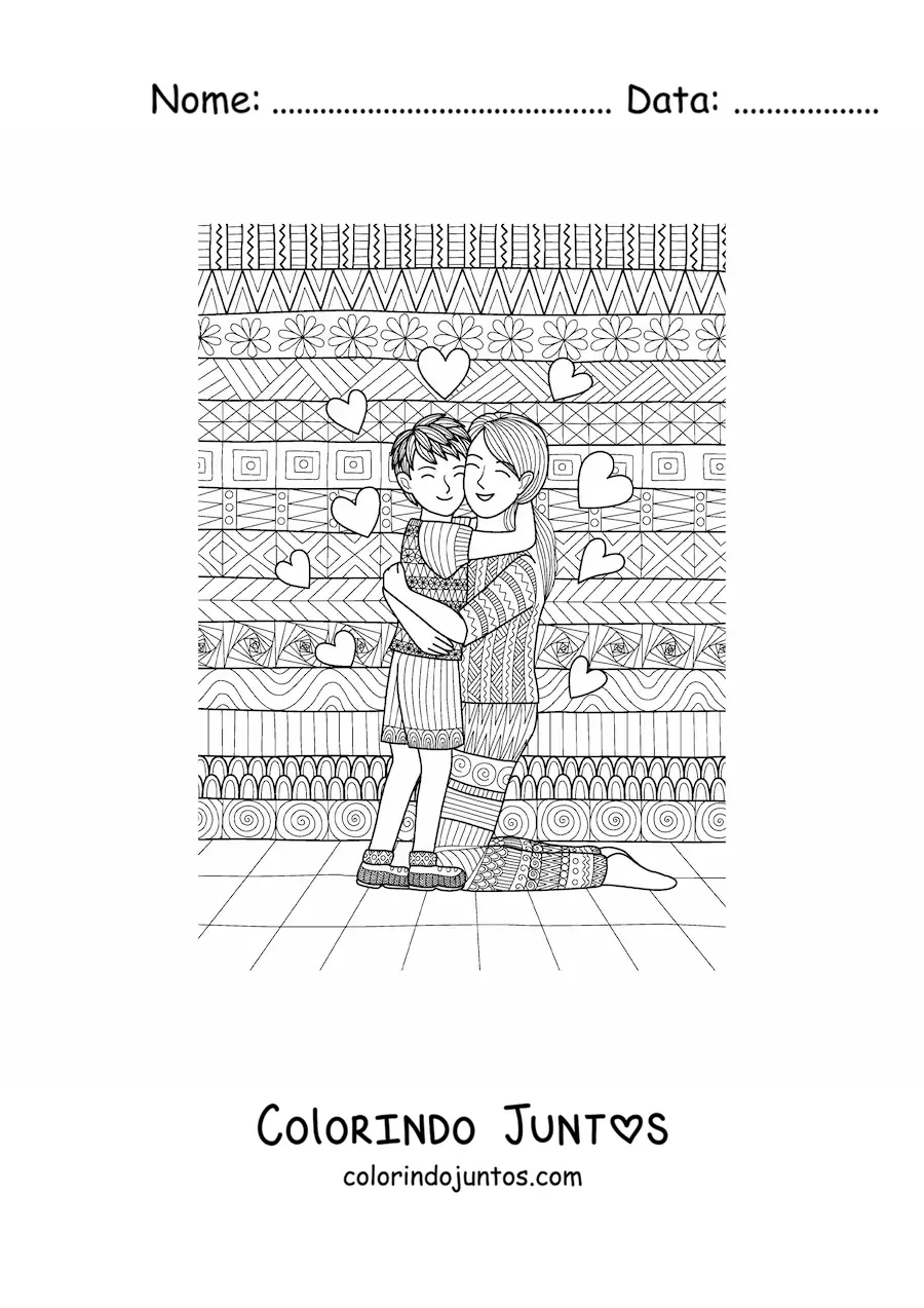 Desenho para colorir de uma criança abraçando a sua mãe