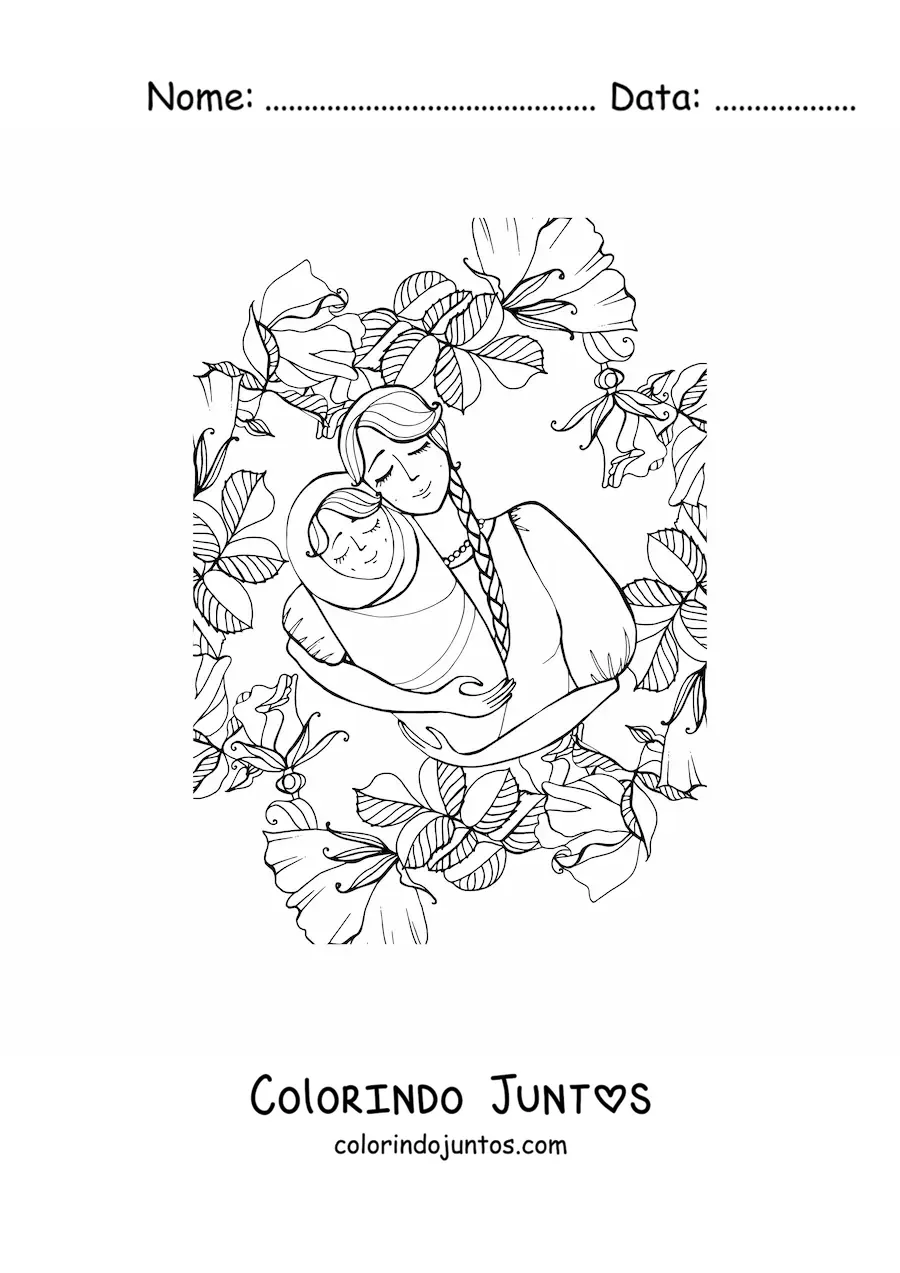 Desenho para colorir de uma mamãe com seu bebê cercada de flores