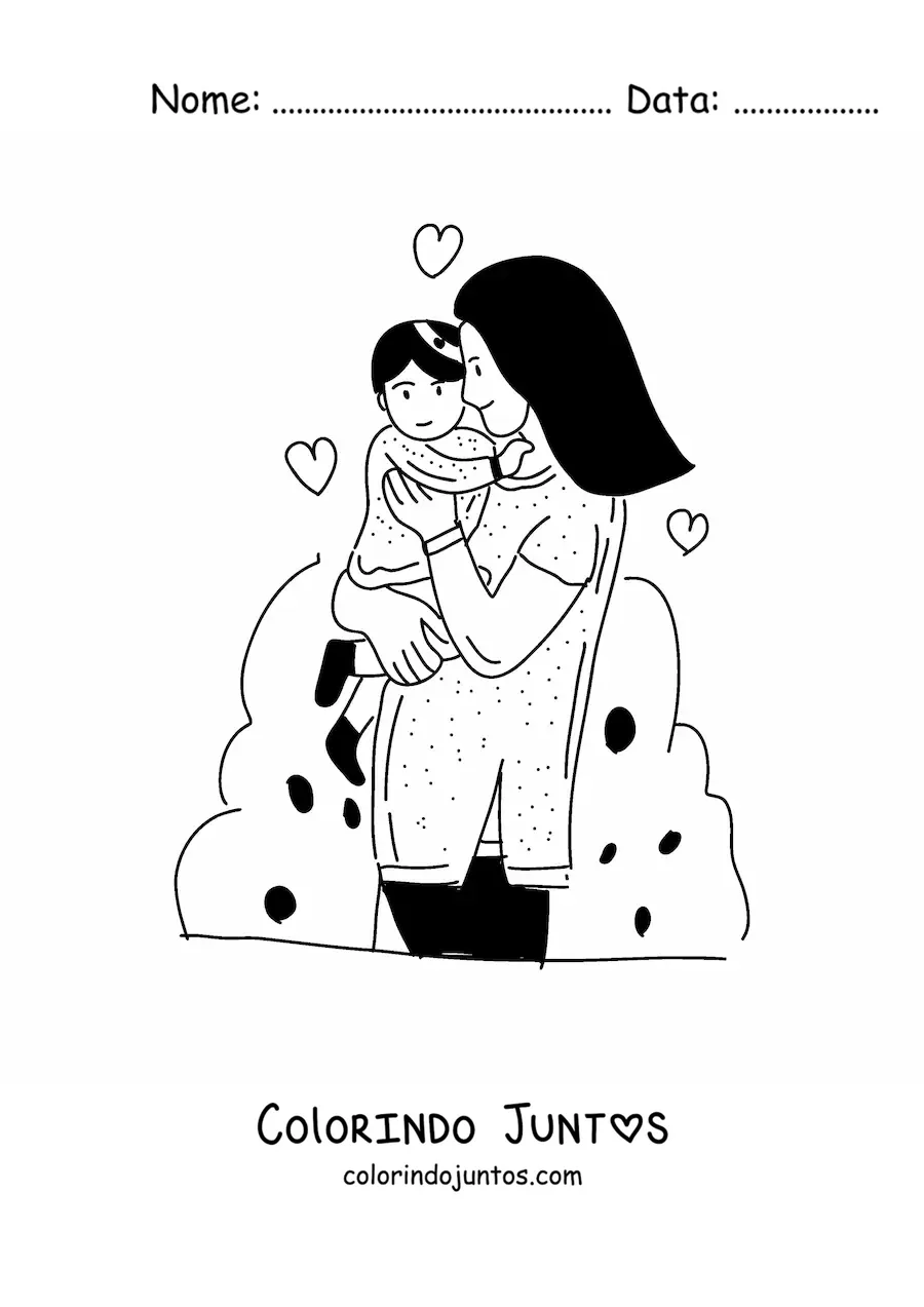 Desenho para colorir de uma mamãe com um bebê no colo