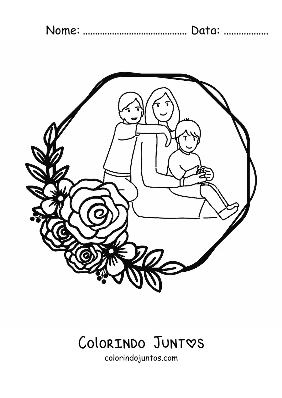 Desenho para colorir de uma mamãe com seus dois filhos