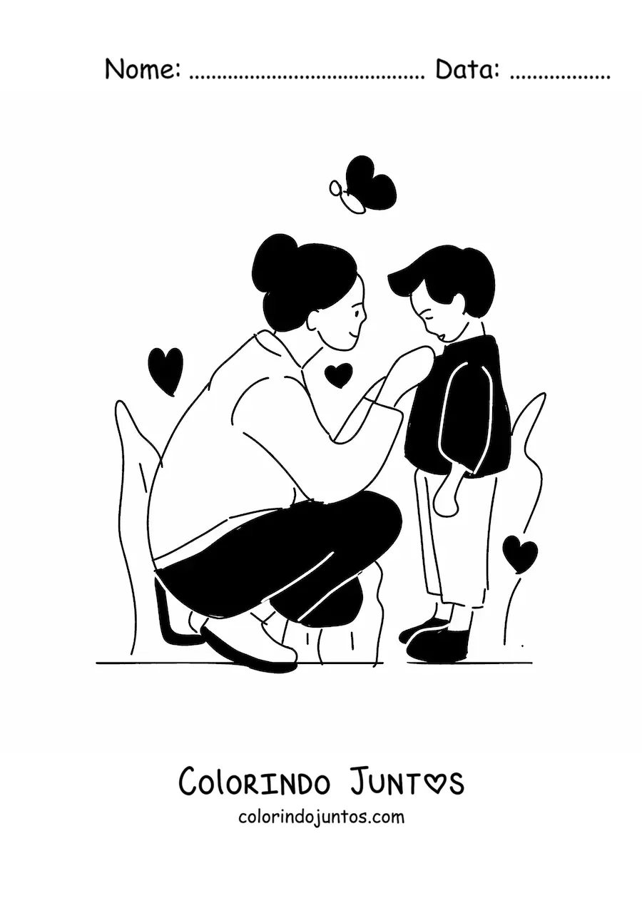 Desenho para colorir de uma mamãe vestindo o seu filho