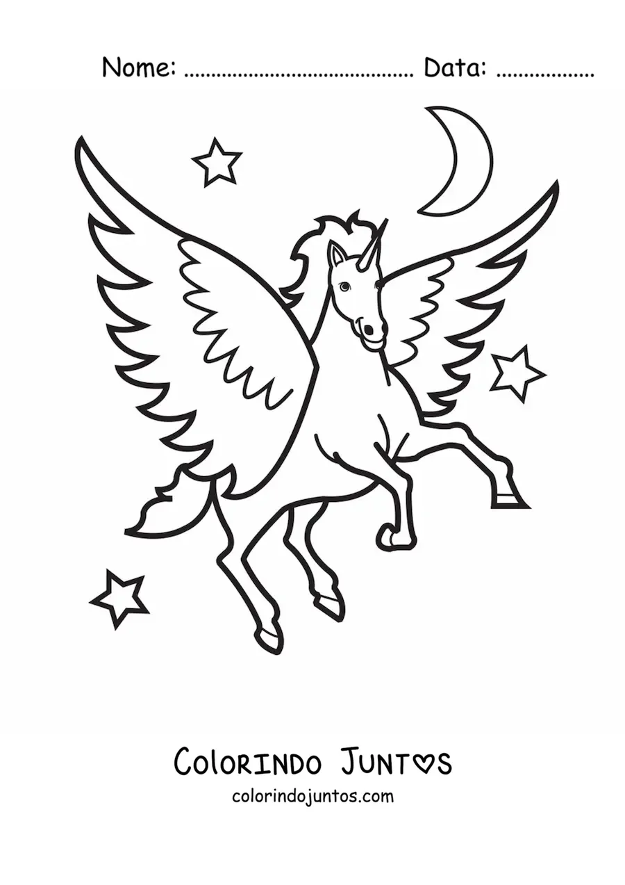 Desenho para colorir de unicórnio com asas animado voando à noite com estrelas ao fundo