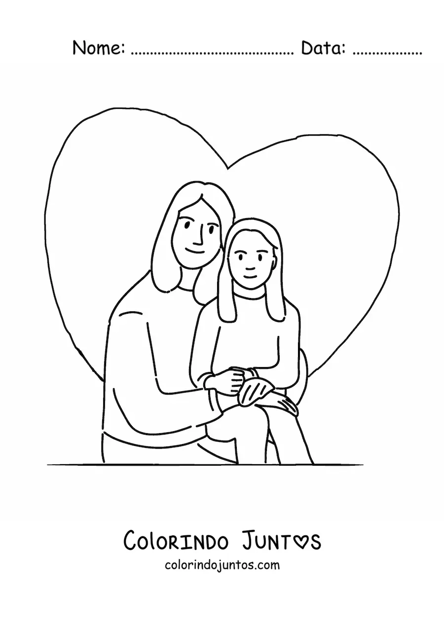 Desenho para colorir de uma mamãe e sua filha com um coração ao fundo