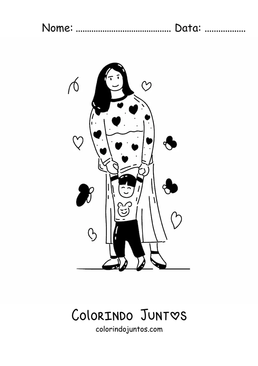 Desenho para colorir de uma mamãe ensinando o seu filho a andar