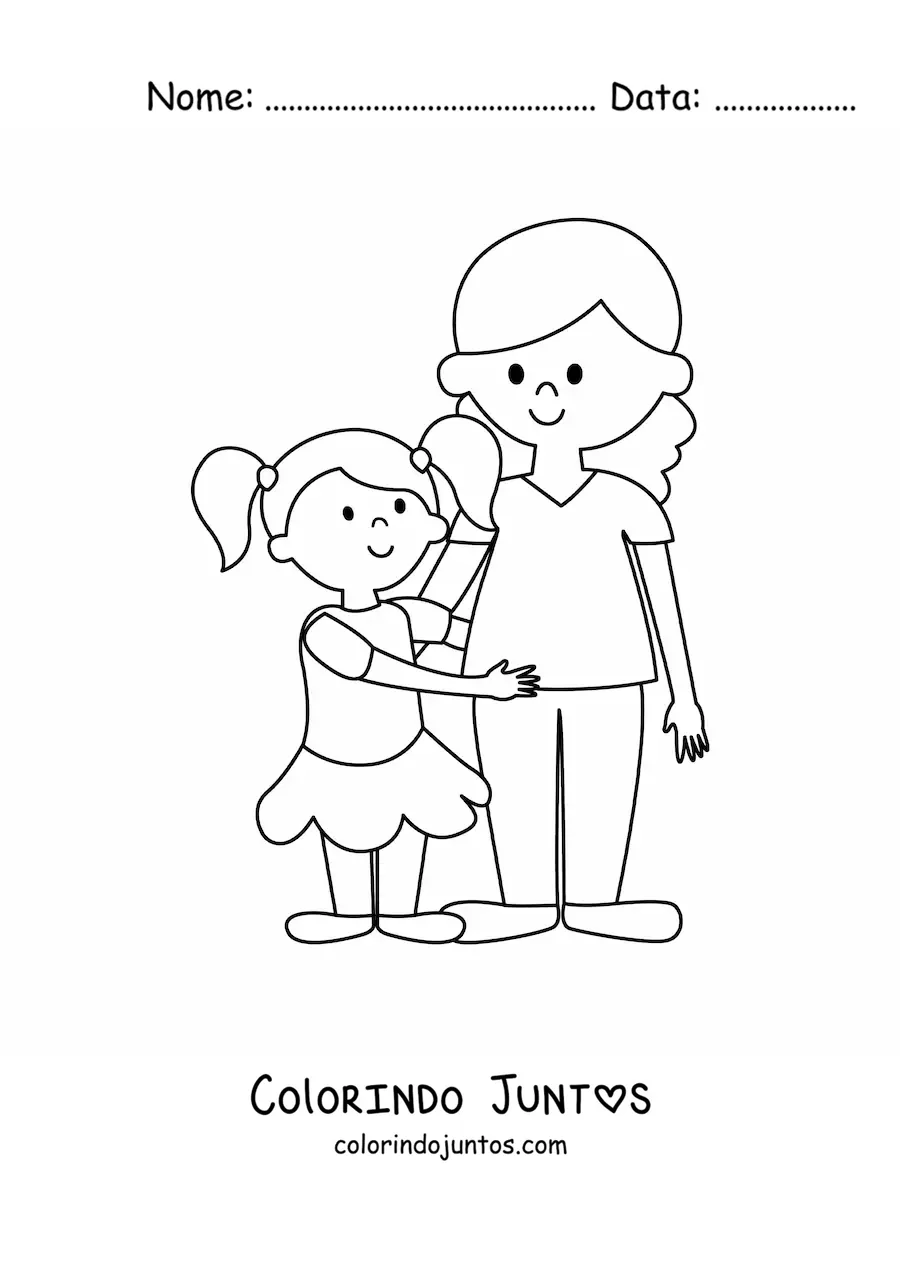 Desenho para colorir de uma mamãe ao lado de uma menina