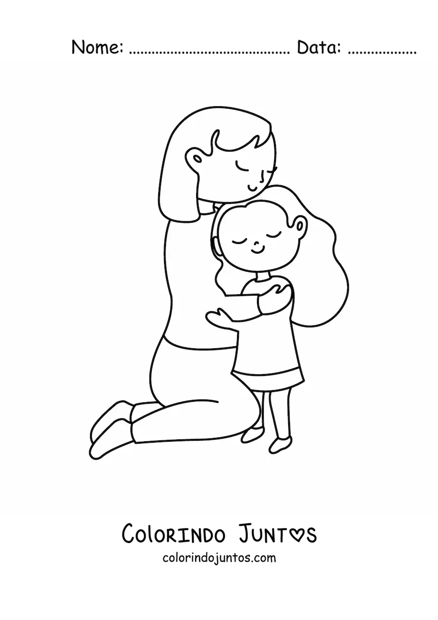 Desenho para colorir de uma mamãe e sua filha abraçadas