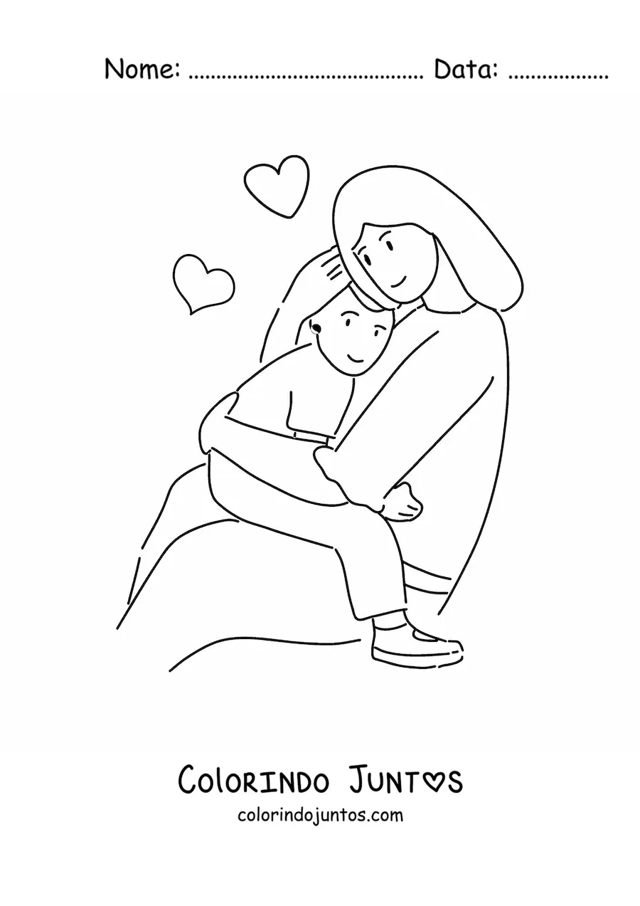 Desenho para colorir de uma mamãe abraçando o seu filho