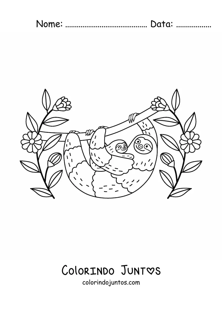Desenho para colorir de uma mamãe preguiça com seu filhote