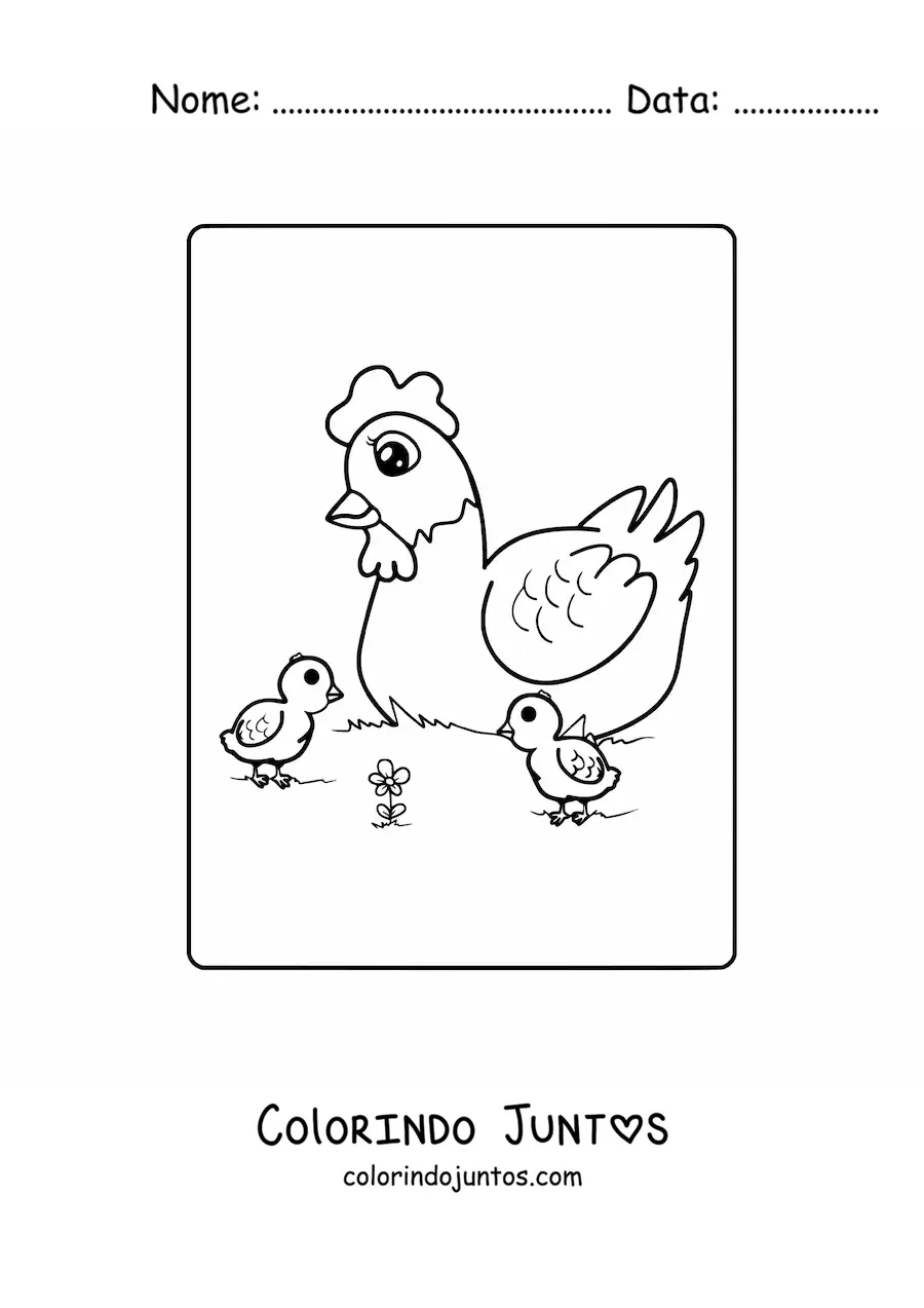 Desenho para colorir de uma mamãe galinha com seus pintinhos