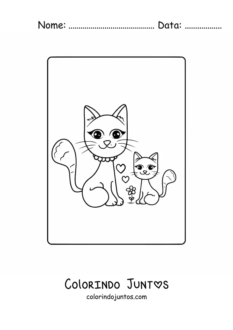 Desenho para colorir de uma mamãe gata com sua filha