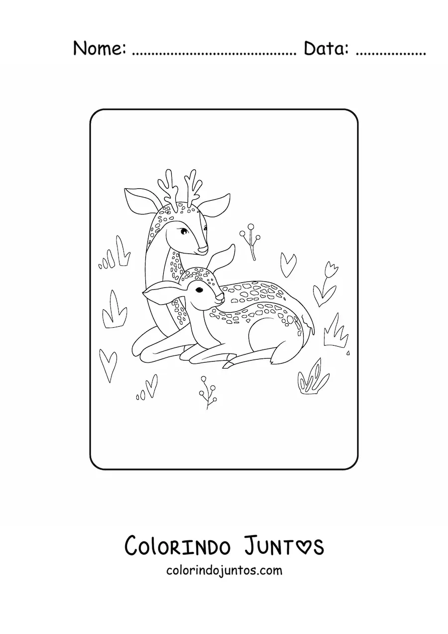 Desenho para colorir de uma mamãe cervo com seu filhote