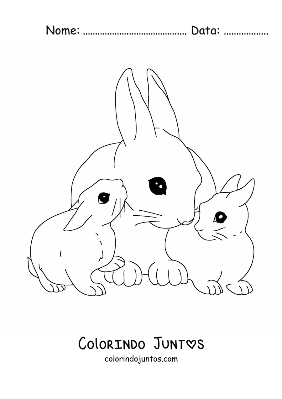 Desenho para colorir de uma mamãe coelha com seus filhotes