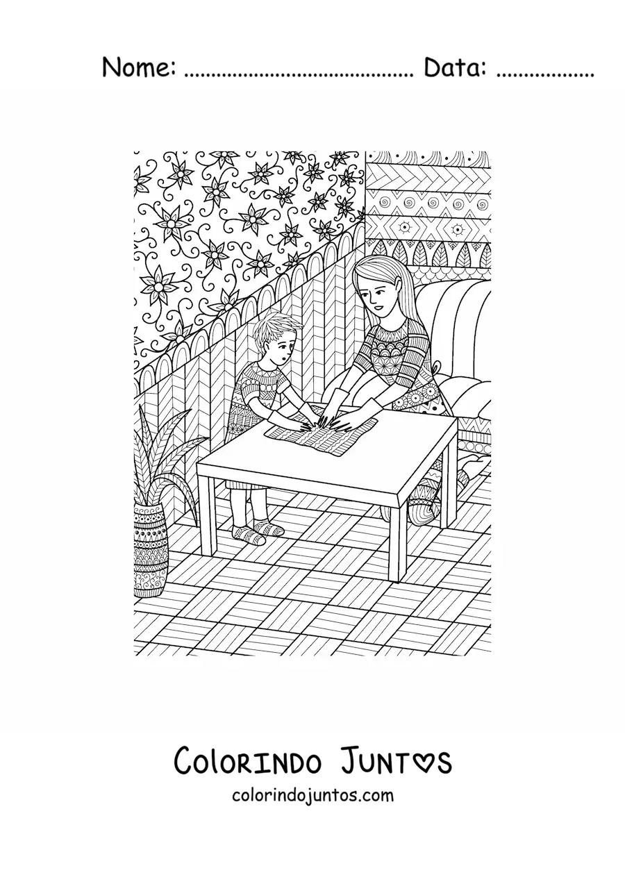 Desenho para colorir de uma mamãe limpando a casa com o seu filho