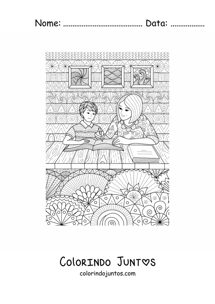 Desenho para colorir de uma mamãe fazendo a lição com o seu filho