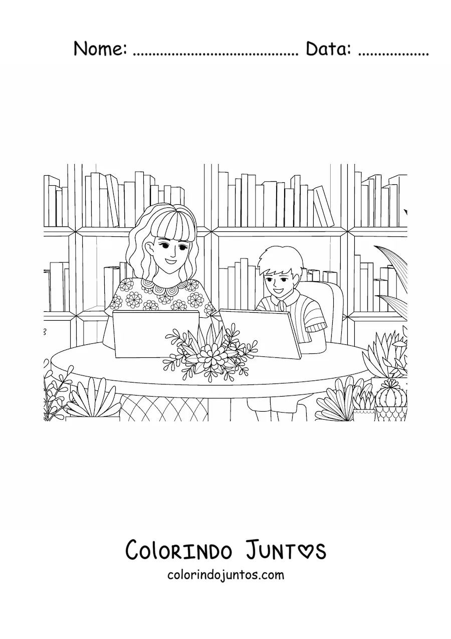 Desenho para colorir de uma mamãe usando o computador com o seu filho