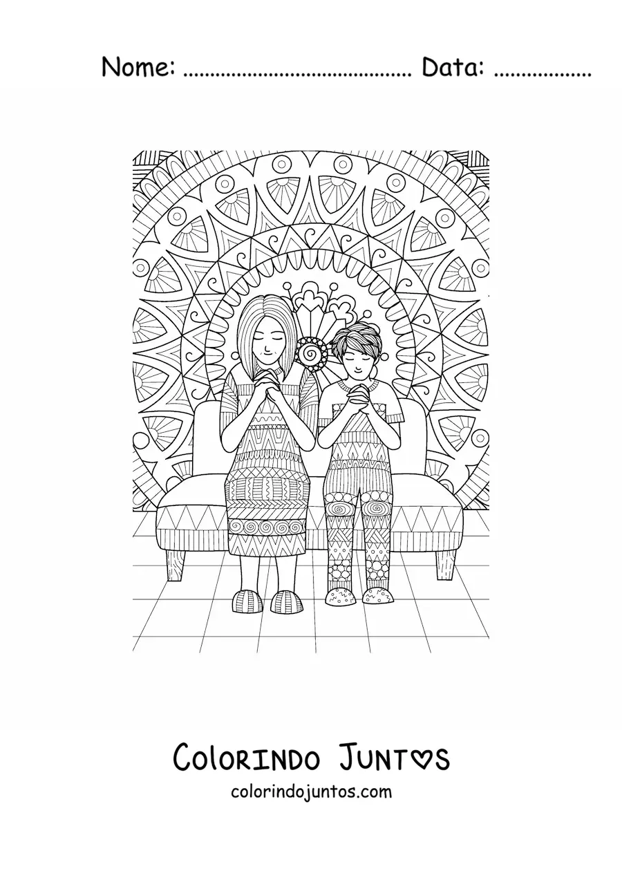 Desenho para colorir de uma mamãe rezando ao lado do seu filho