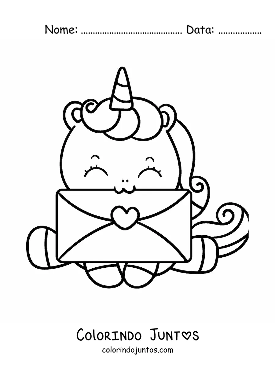 Desenho para colorir de um unicórnio kawaii com uma carta de Dia dos Namorados na boca