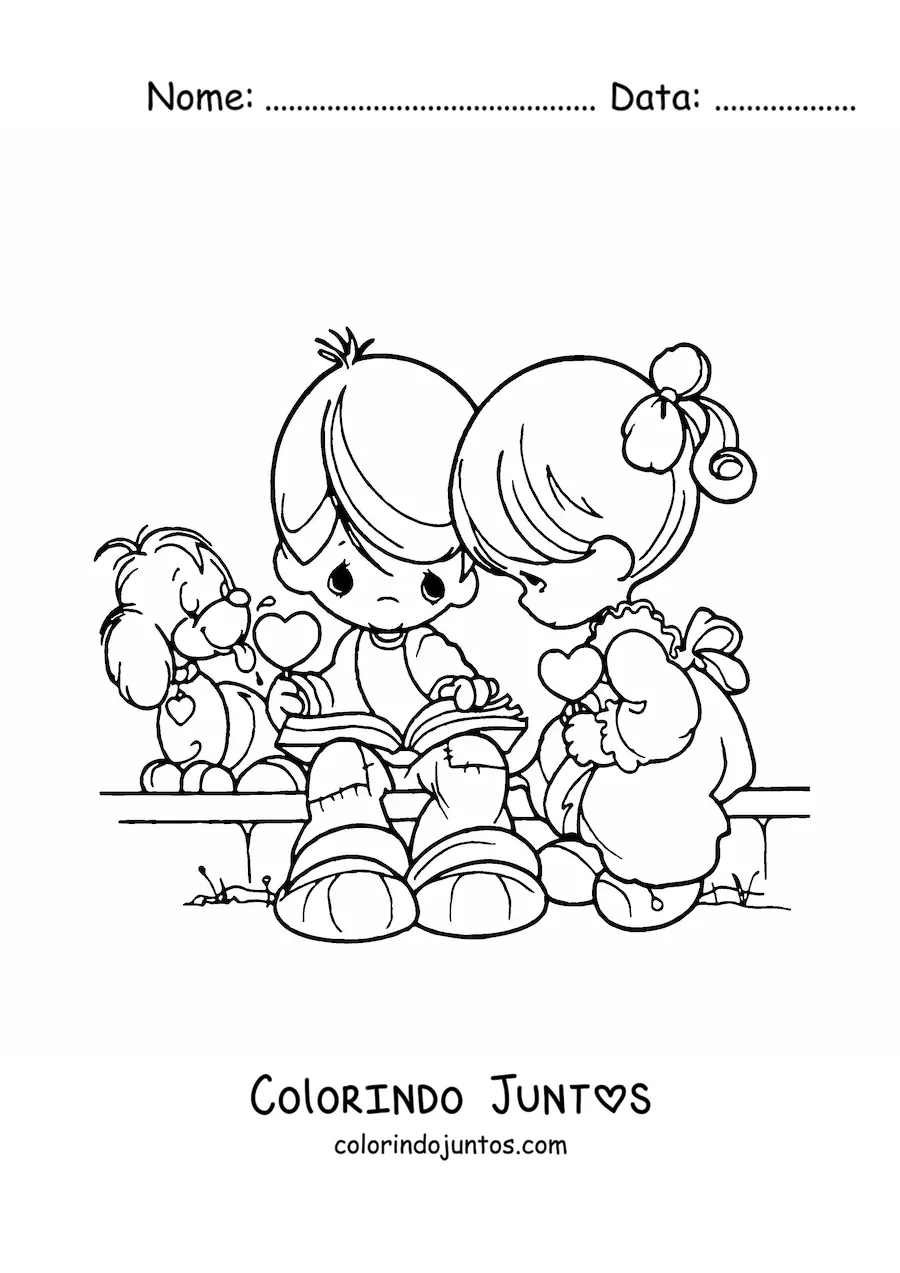 Desenho para colorir de um casal de crianças no Dia dos Namorados