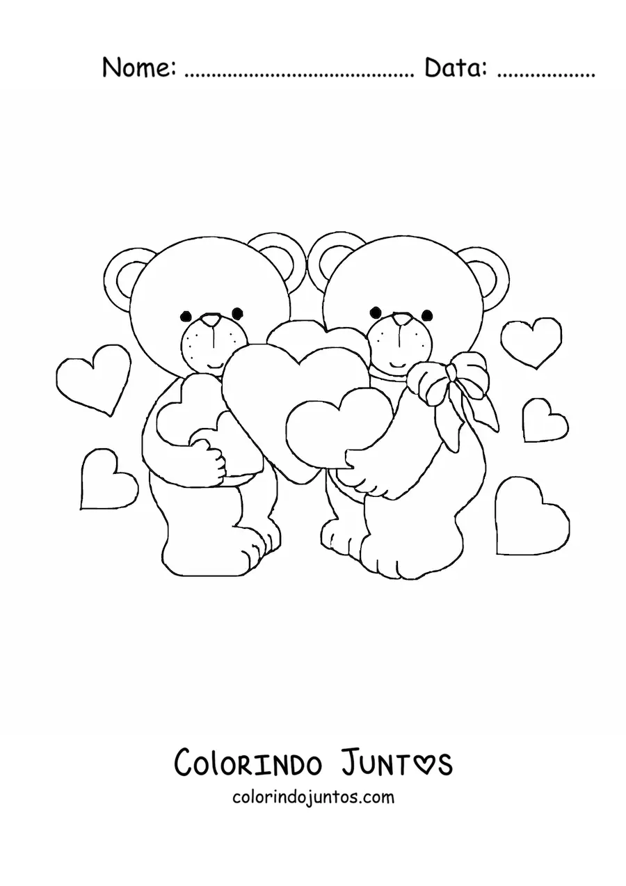 Desenho para colorir de um casal de ursos apaixonados no Dia dos Namorados