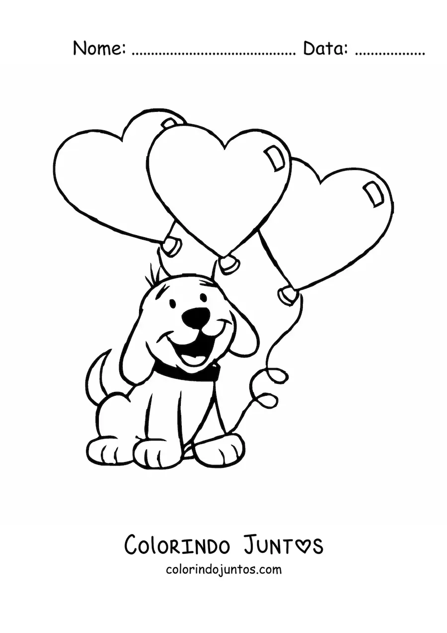 Desenho para colorir de um cachorro animado com tres baloes de coracao