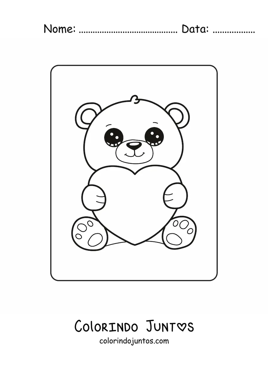 Desenho para colorir de um urso kawaii com um coracao do Dia dos Namorados