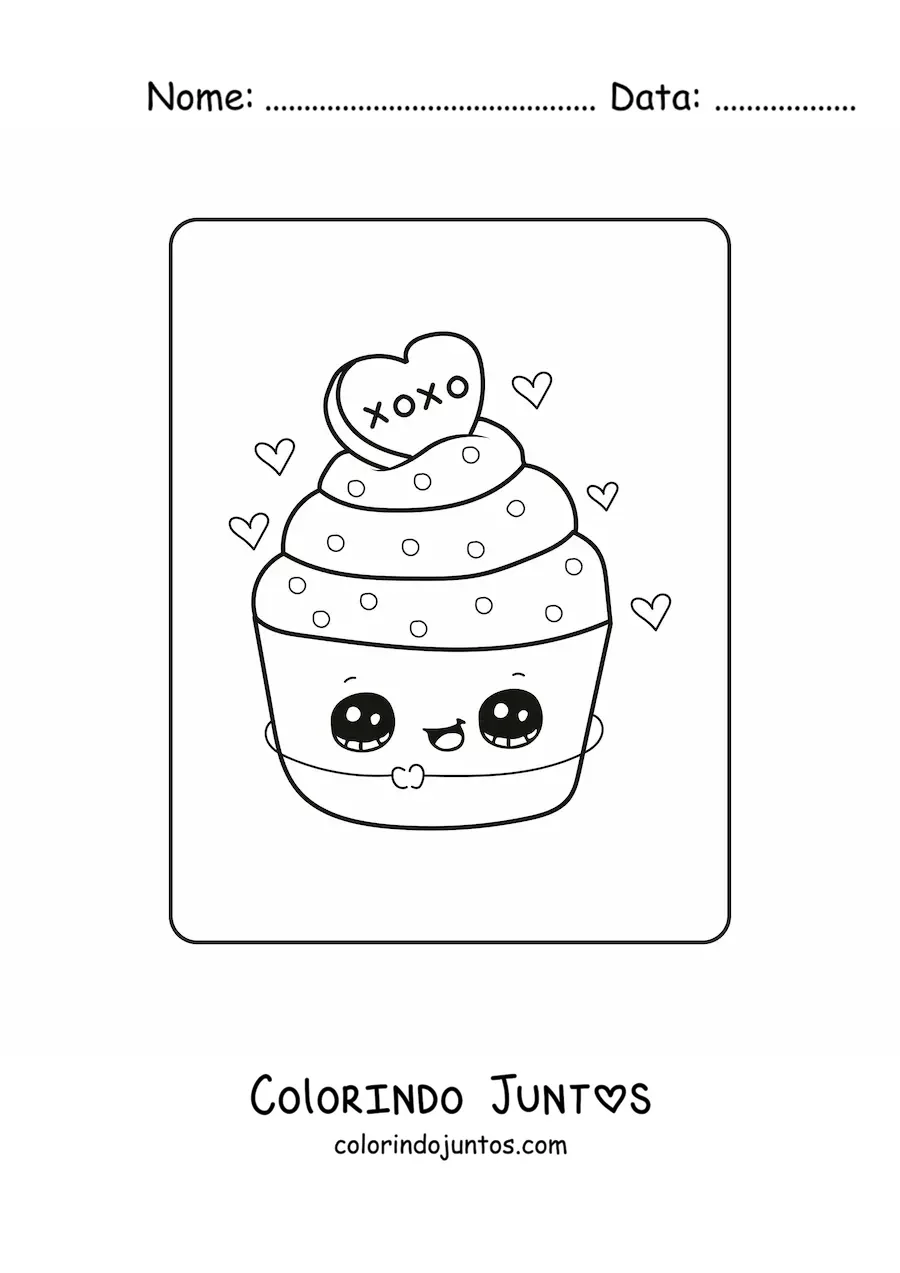 Desenho para colorir de um cupcake kawaii do Dia dos Namorados