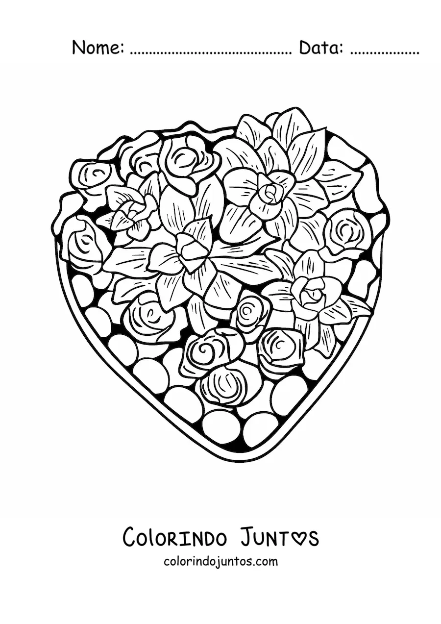Desenho para colorir de uma caixa de chocolates com flores do Dia dos Namorados