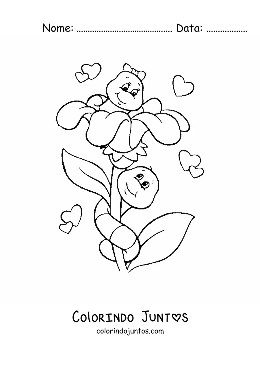 Desenho para colorir de duas lagartinhas apaixonadas sobre uma flor
