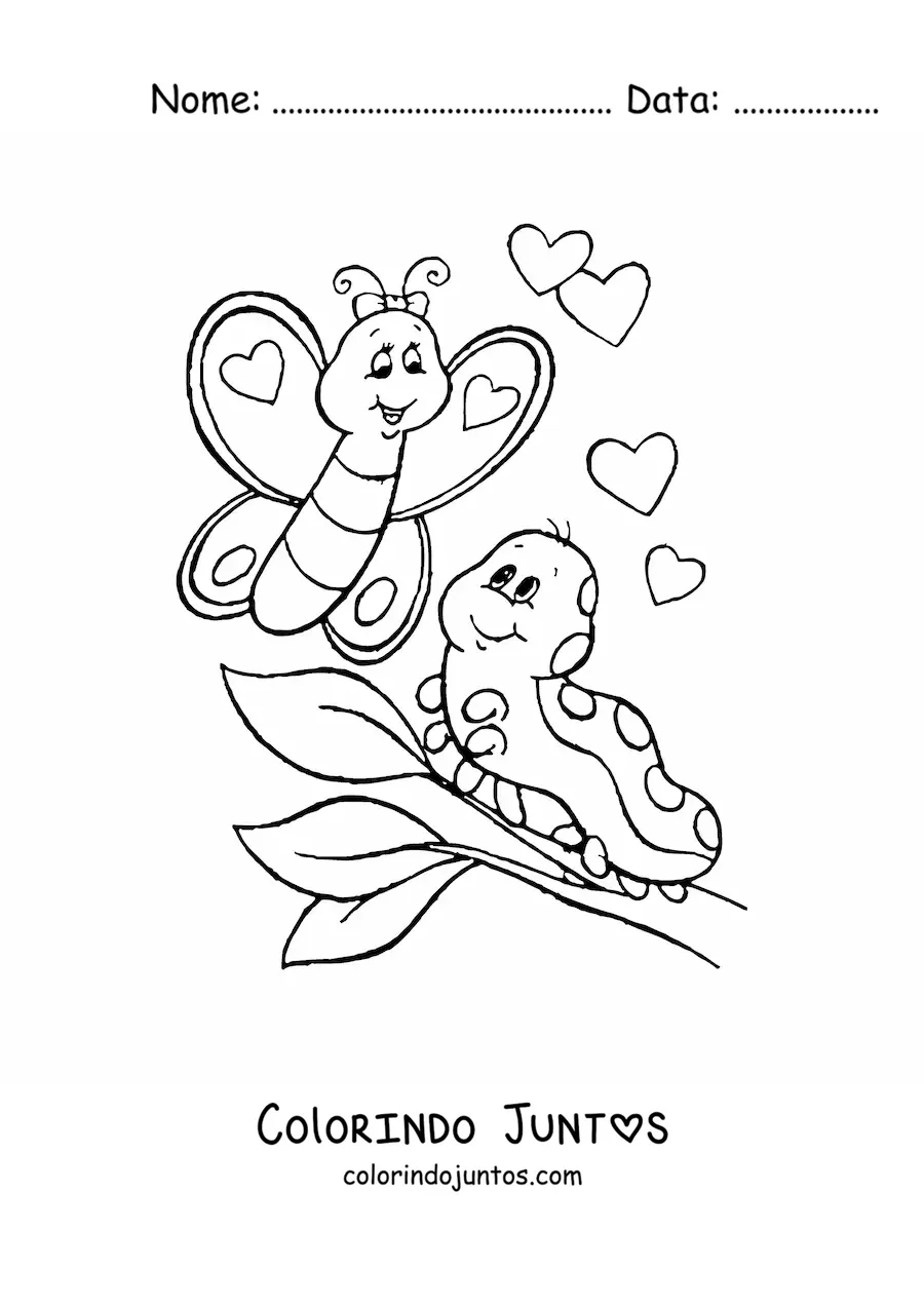 Desenho para colorir de uma lagarta e uma borboleta apaixonadas