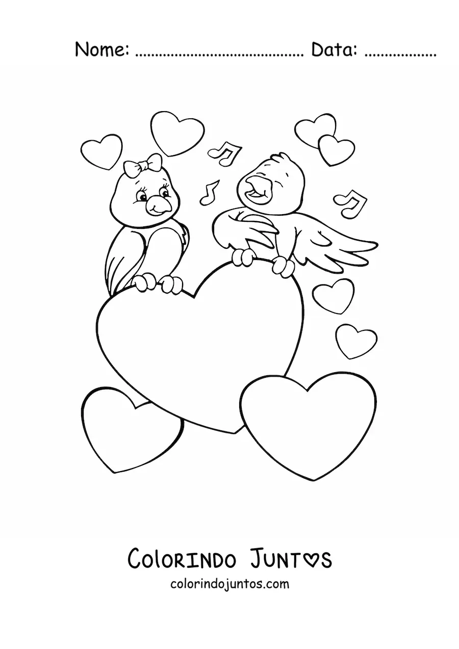 Desenho para colorir de um casal de passaros rodeado de coracoes