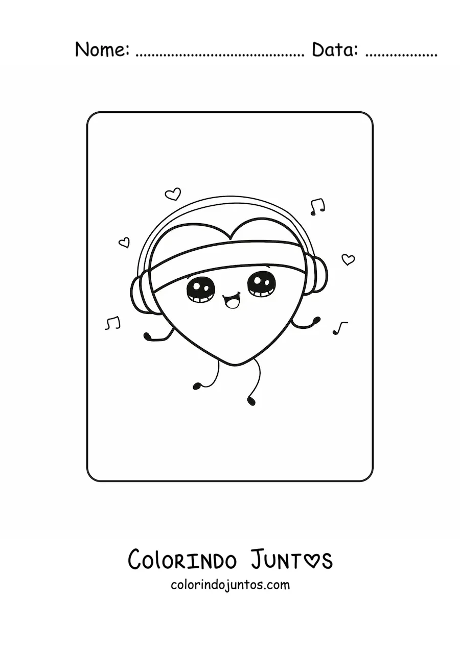 Desenho para colorir de um coracao kawaii animado ouvindo musica