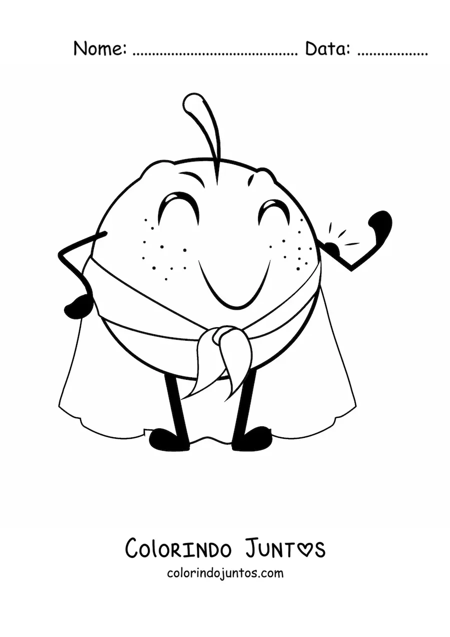 Desenho para colorir de uma laranja animada vestida com capa de super-heroi