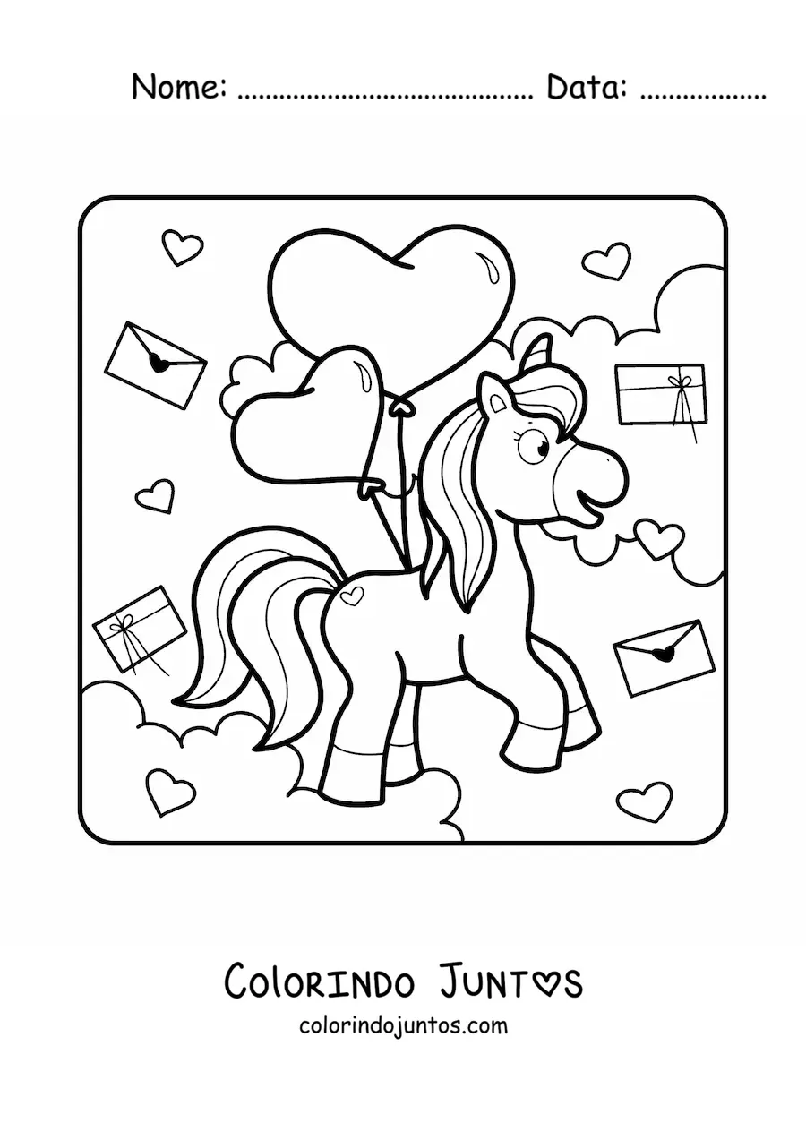Desenho para colorir de um unicornio com baloes e cartoes do Dia dos Namorados