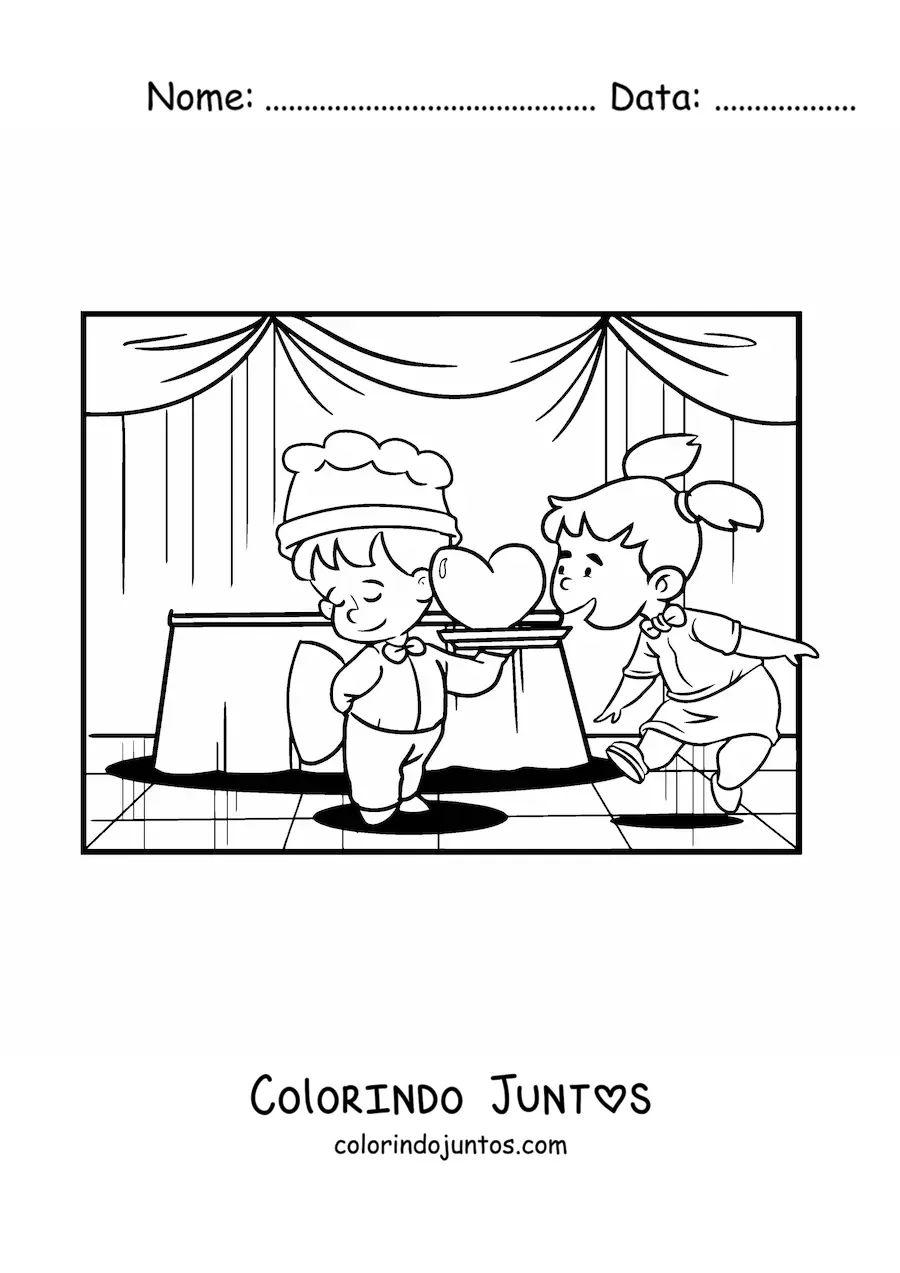 Desenho para colorir de duas criancas em um jantar de presente no Dia dos Namorados