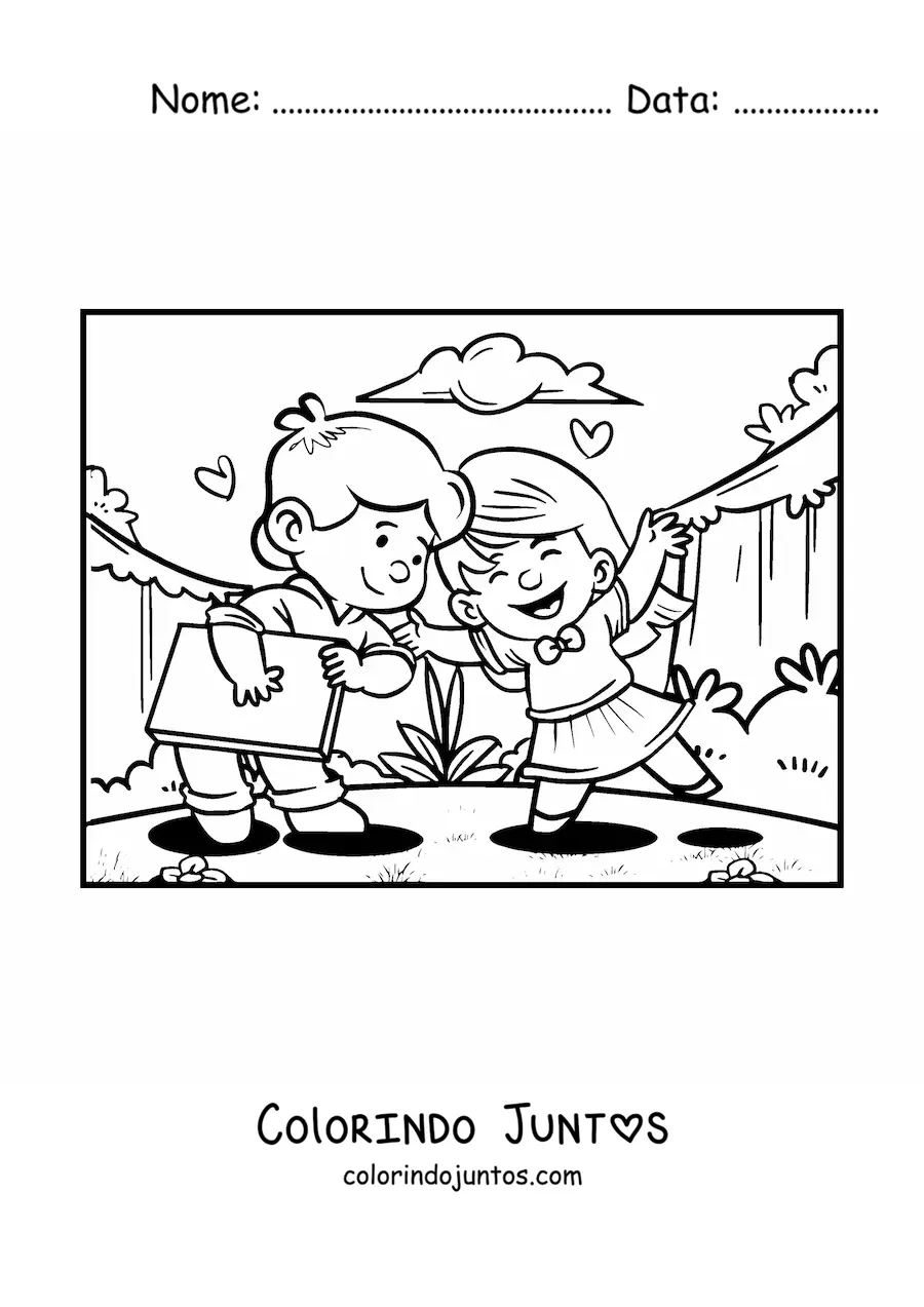 Desenho para colorir de um casal de criancas com presente do Dia dos Namorados
